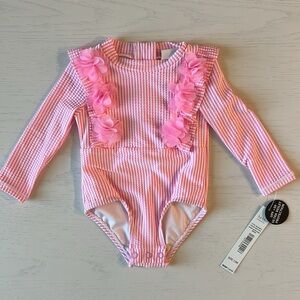 Nicole Miller Baby Girl Seersucker Pink Floral Rash Guard Swimsuit 12 months